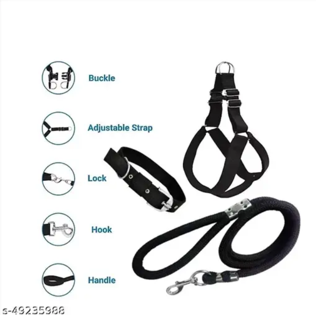 SaleThief Dog Combo Pack of Harness, Neck Collar Belt and Rope Set Dog Belt (Black, Medium)