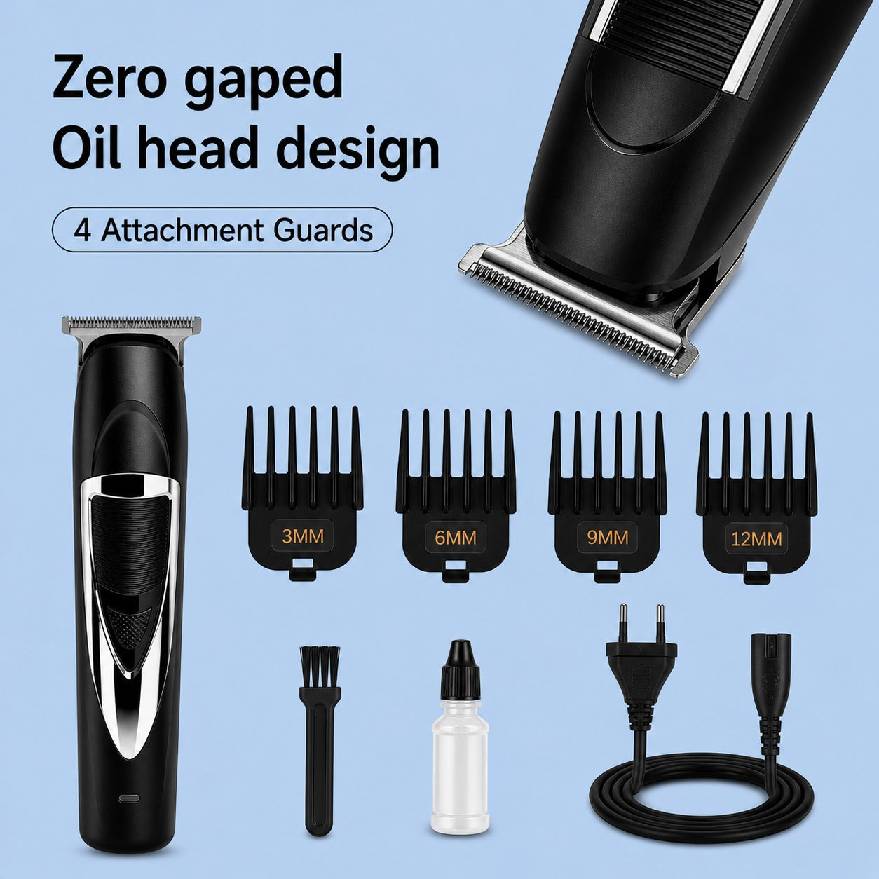 GENZO Pro T-Blade Professional Hair Trimmer for Men | Zero Gap Precision Blade | 50 Min Runtime | 4 Guide Combs (3/6/9/12mm) | Cordless Beard & Hair Trimmer