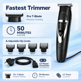 GENZO Pro T-Blade Professional Hair Trimmer for Men | Zero Gap Precision Blade | 50 Min Runtime | 4 Guide Combs (3/6/9/12mm) | Cordless Beard & Hair Trimmer